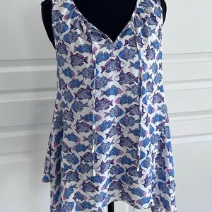 C Blue and Purple Fish Print Blouse Handkerchief Hem playful fun flirty
